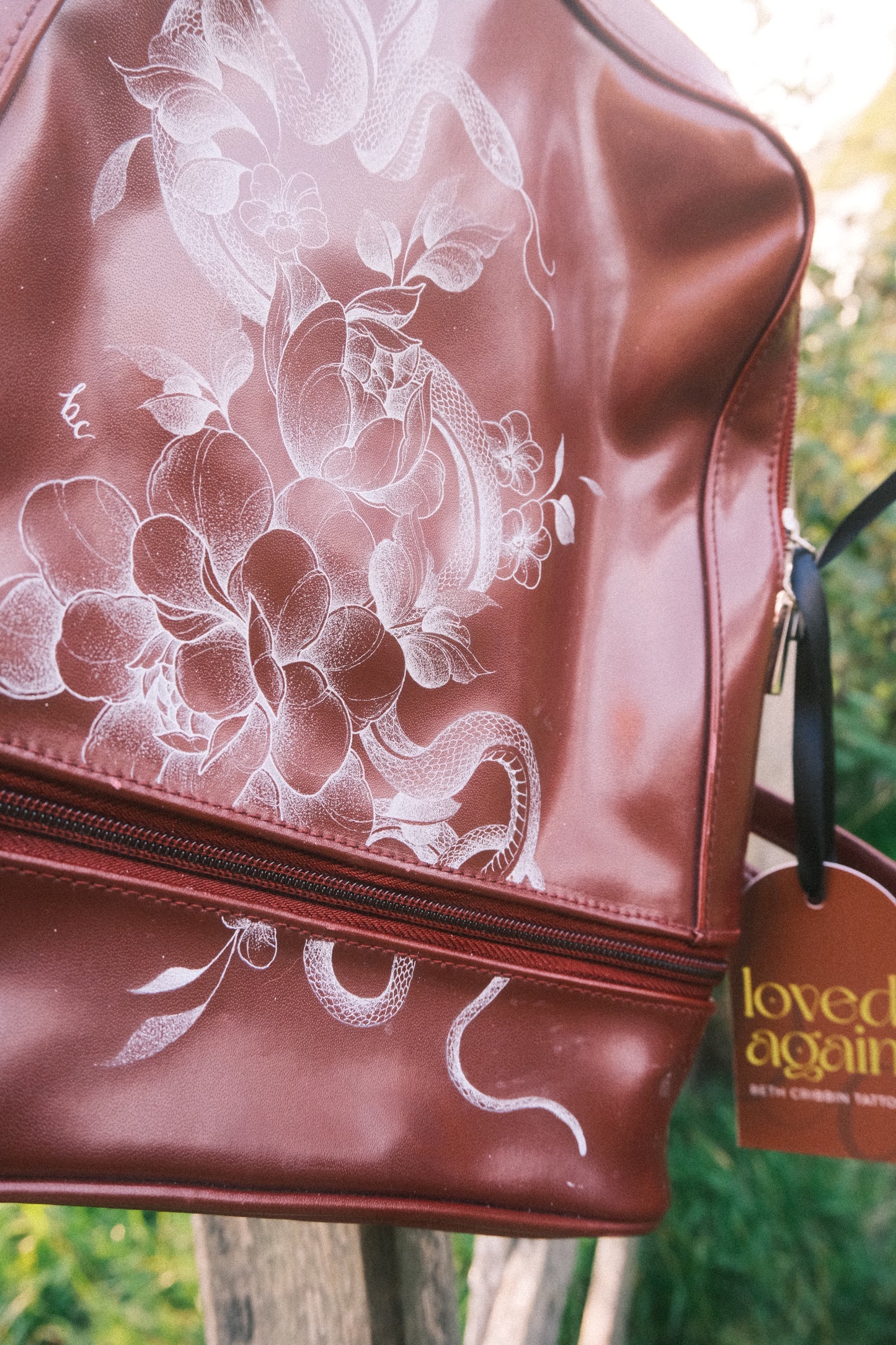 Snake and Peonies Burgundy Backpack