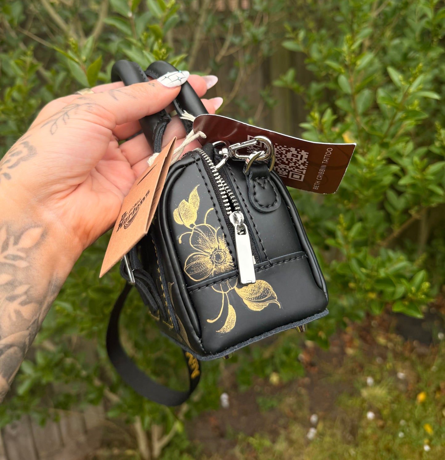 Tattooed Floral Dr Marten Mini Top Handle Genuine Leather Bag