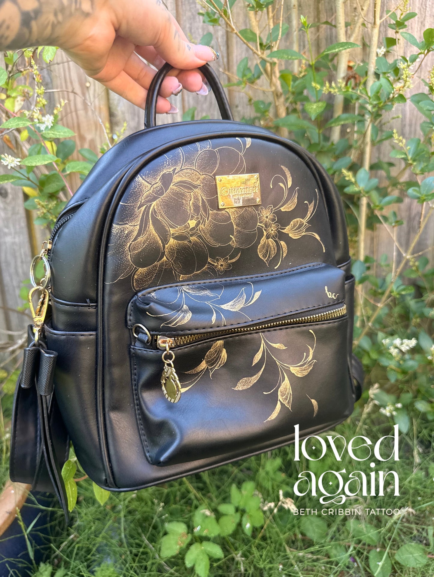 Black Backpack with Peony & Florals design