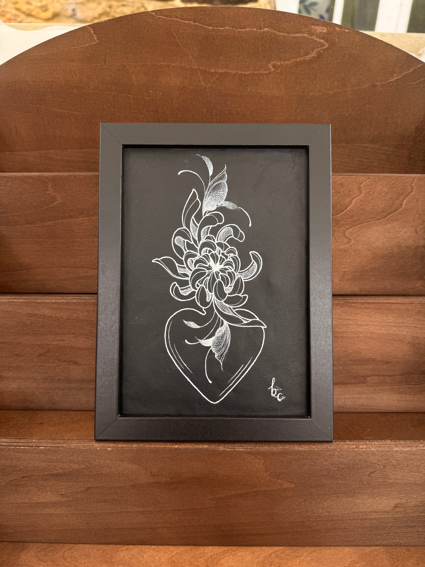 Framed Genuine Leather Chrysanthemum & Heart Vase