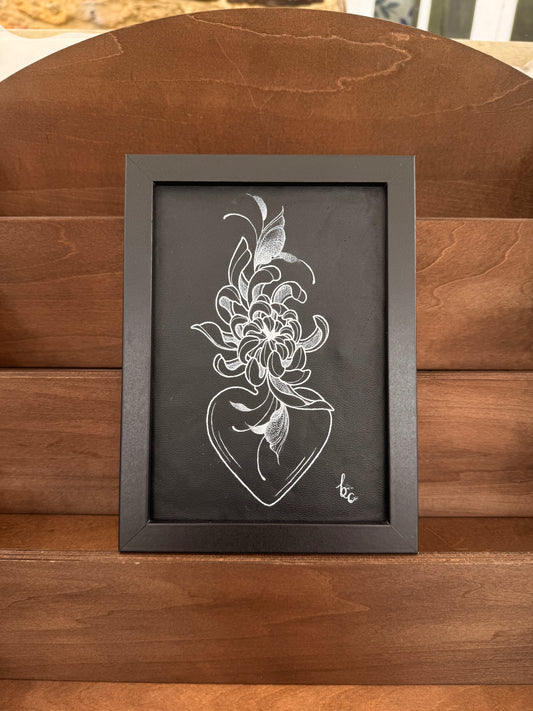 Framed Genuine Leather Chrysanthemum & Heart Vase
