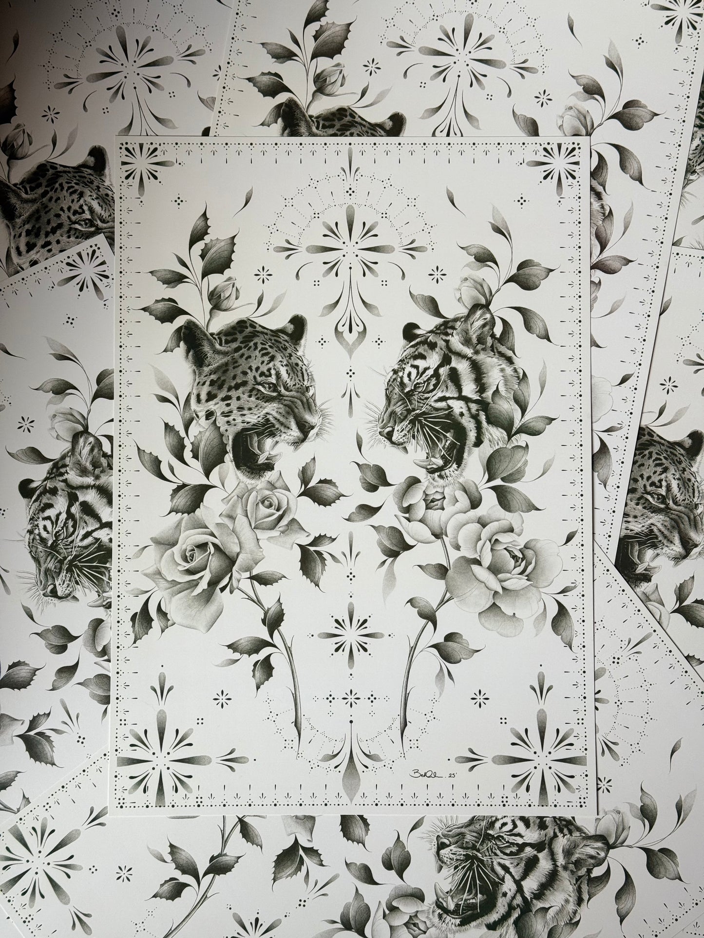 Leopard & Tiger Floral/Ornamental A3 Print