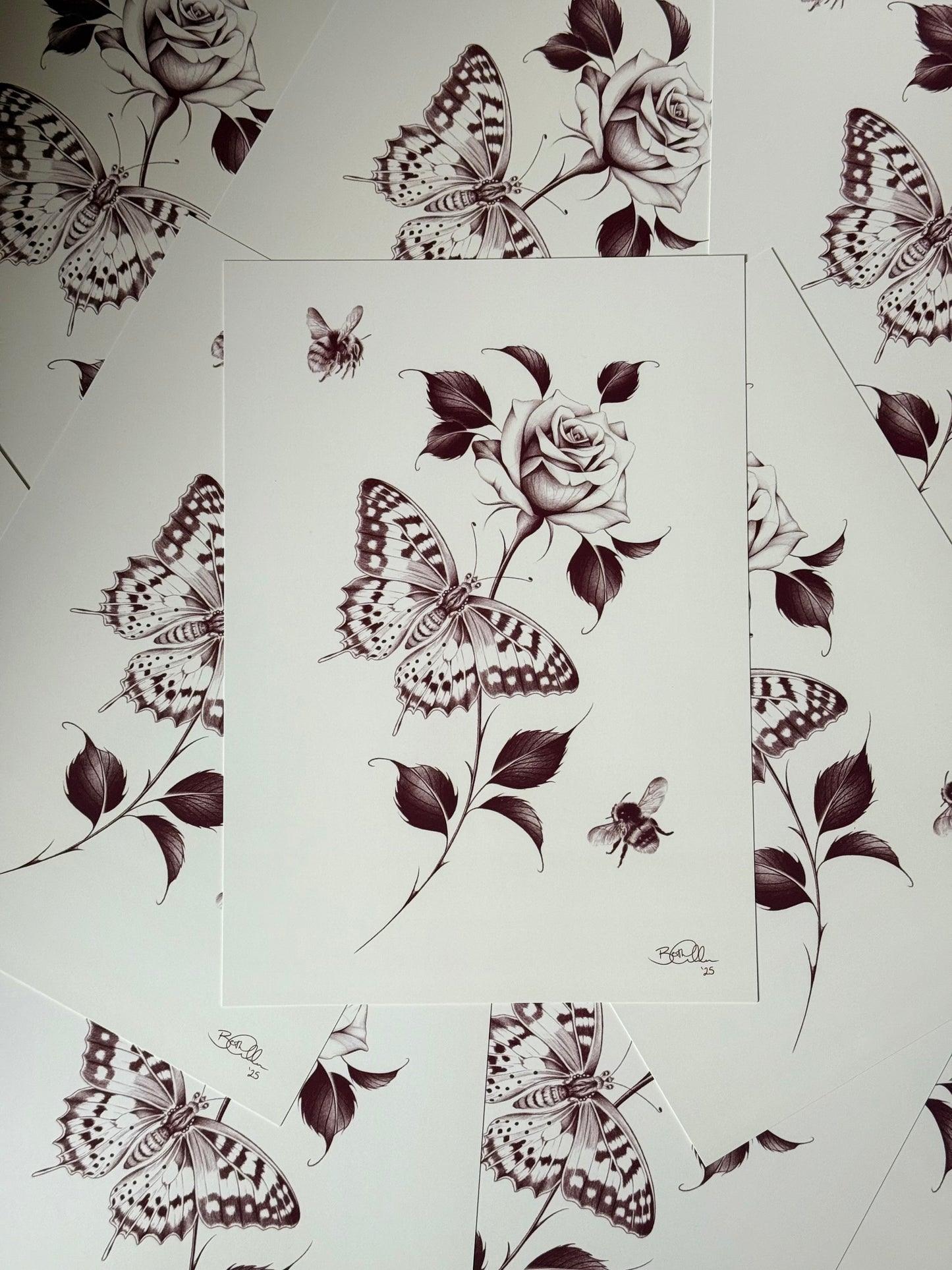 Butterfly, Rose & Bumblebee A4 Art Print