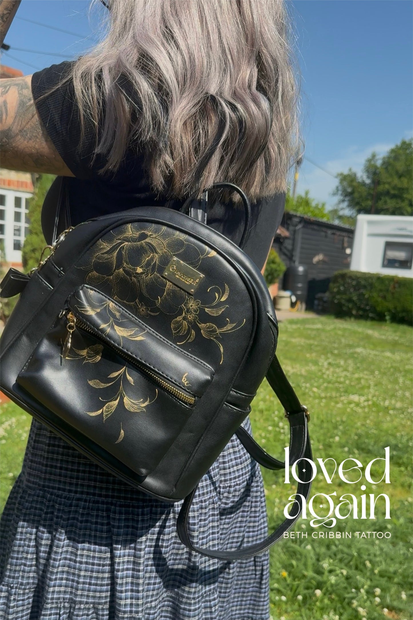 Black Backpack with Peony & Florals design
