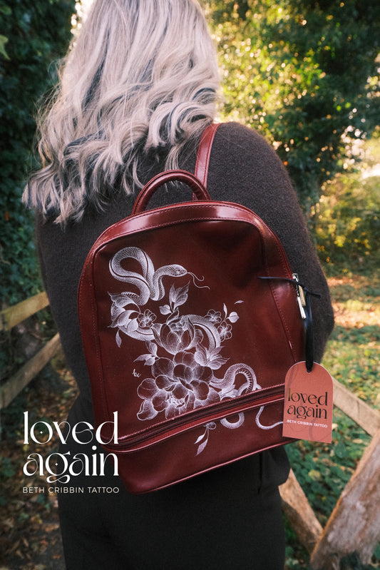 Snake and Peonies Burgundy Backpack